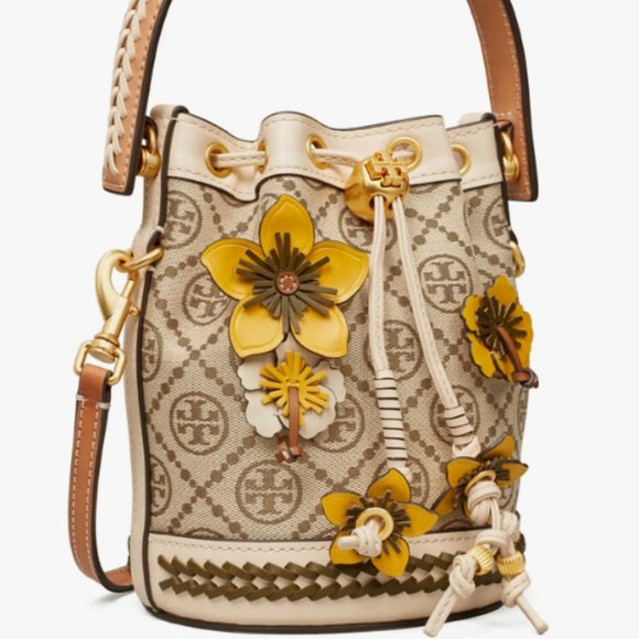 {Tory Burch} T MONOGRAM MINI BRAIDED BUCKET CROSSBODY IN HAZELNUT/ROLLED BRASS - Picture 2 of 6